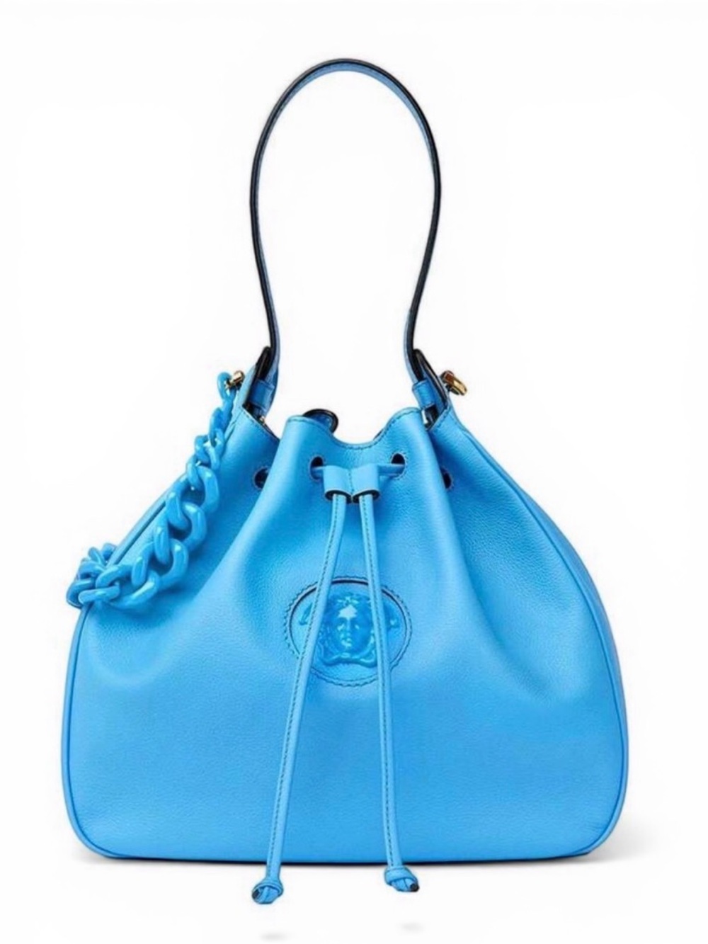 Versace Medusa Turquoise Blue Leather Drawstring Shoulder Bag